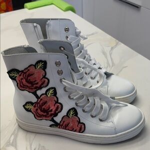 White High-Top Sneakers with Red Floral Design